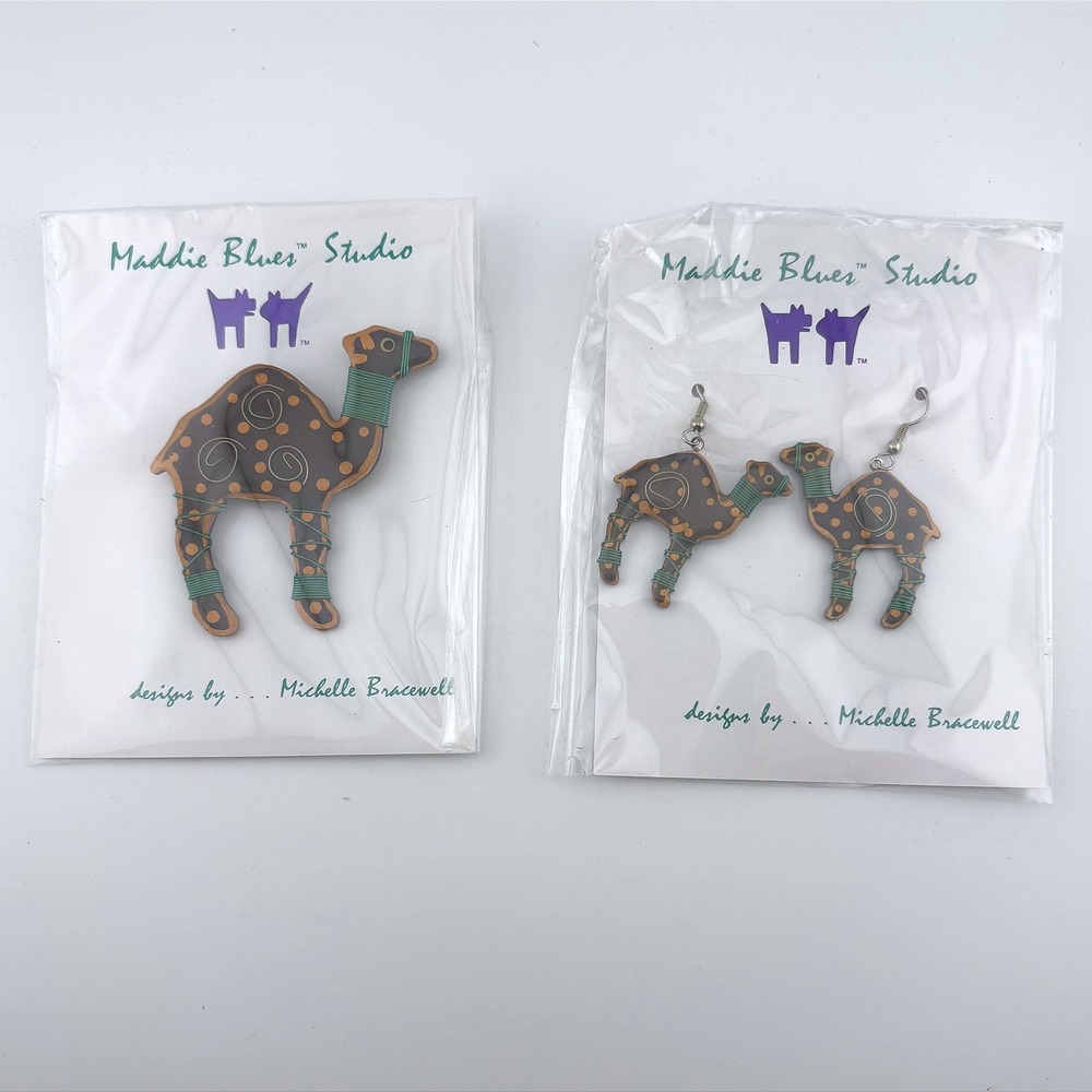 Maddie Blues Studio Michelle Bracewell Camel Brooch‎ and Dangle Earrings Set NEW
